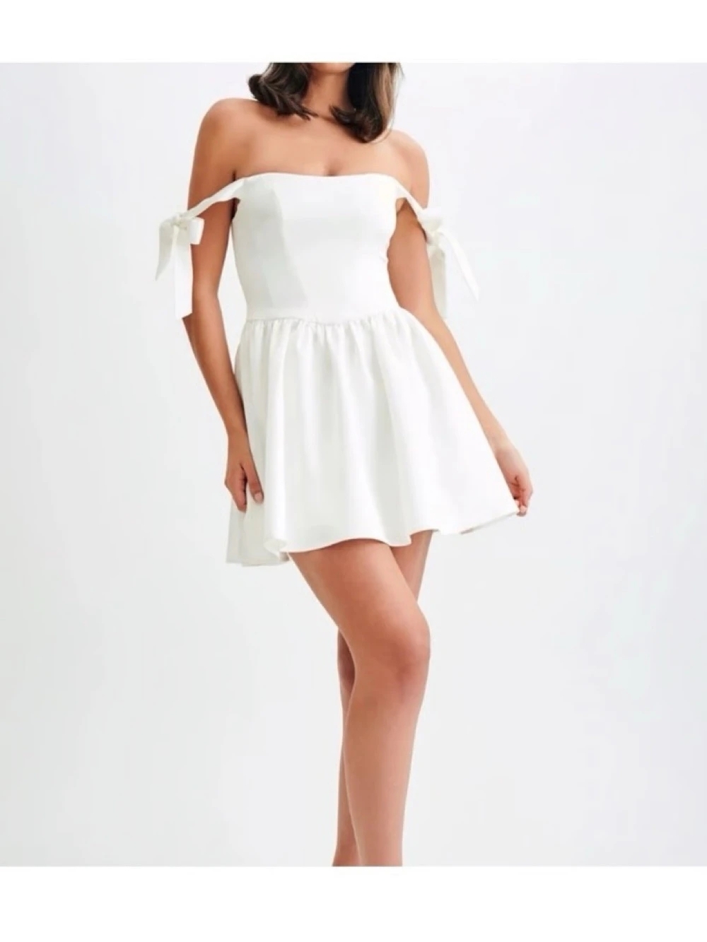 Off-Shoulder White Tie-Sleeve Skater Dress